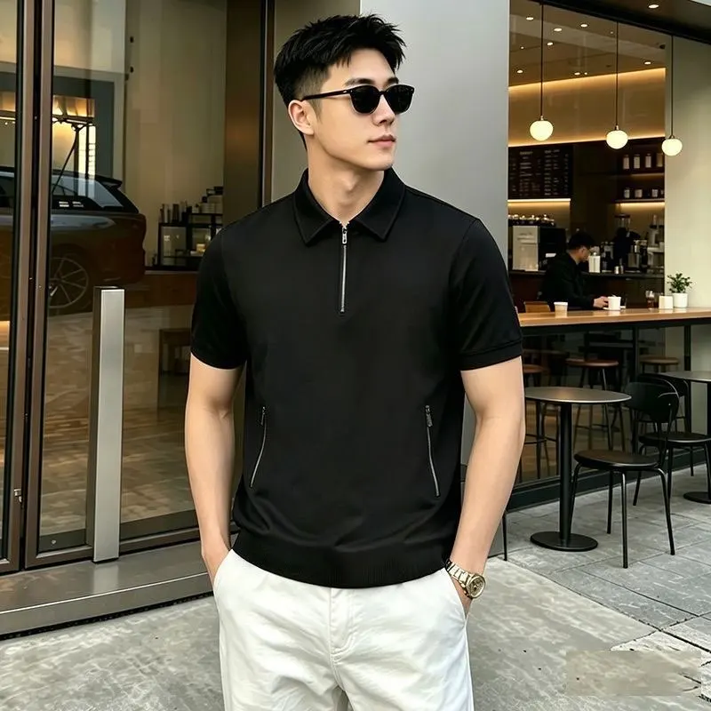 2026 Summer New Style Men's European Style Black Casual Polo Shirt - Old Money Style Breathable Short Sleeve Stretchable Summer