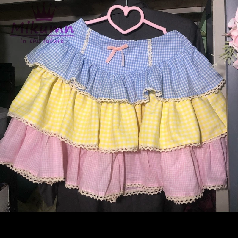 Harajuku Y2k Vrouwen Rokken Japanse Zoete Blauw Geel Roze Plaid Kant Cake Mini Rok Baljurk Lolita Kawaii Rokken