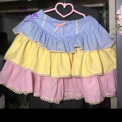 Harajuku – Mini jupe japonaise Y2k pour femmes, bleu, jaune, rose, à carreaux, en dentelle, gâteau, robe de bal, jupes Lolita Kawaii