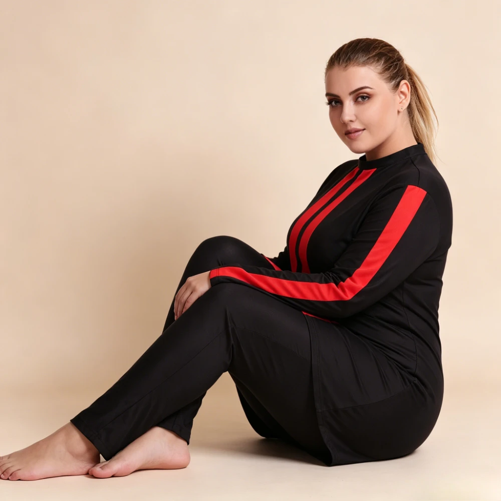 Plus Size 3PCS Color Block Burkini Swimwear Stand Collar Red Striped Long Sleeve Tunic Top Full Length Pants Muslim Bathing Suit