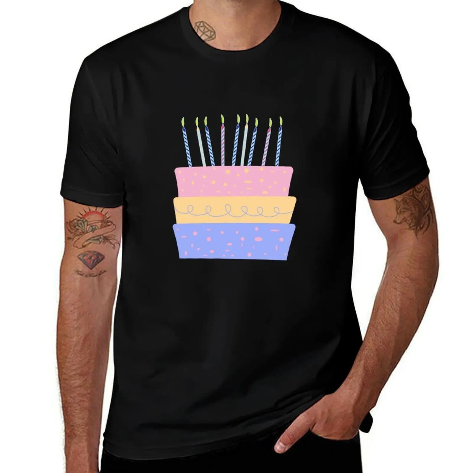 

Happy Birthday Cake with candles. Colorful Birthday cake. T-Shirt t shirts for man cotton funny T-Shirt