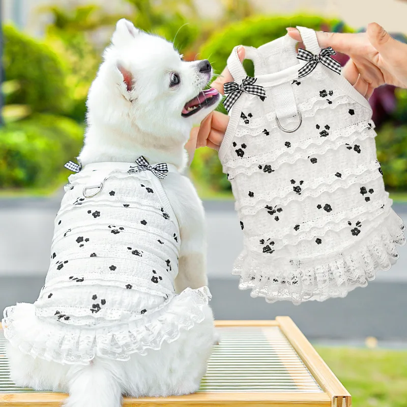 

Sweet Dog Clothes Summer Paw Pattern White Lace Girls Sling Cake Dress For Small Dogs Chiwawa Yorkie Poodle Puppy Skirt Dresses