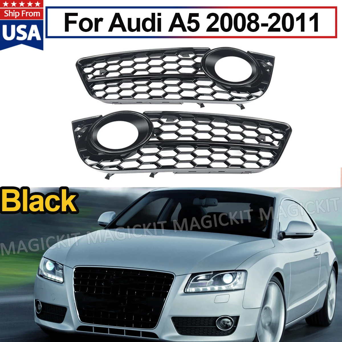

Для Audi A5 (бензин/дизель) купе: накладка на переднюю противотуманную фару, 2008-2011 гг., черная, с решеткой в виде сот, для переднего бампера