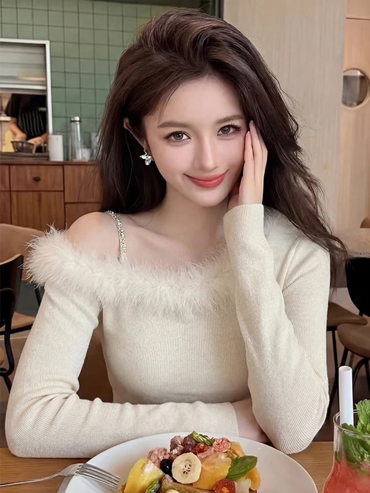 Ele – vêtements intérieurs tricotés blancs pour femmes, avec col en fourrure, Design asymétrique, printemps Faion