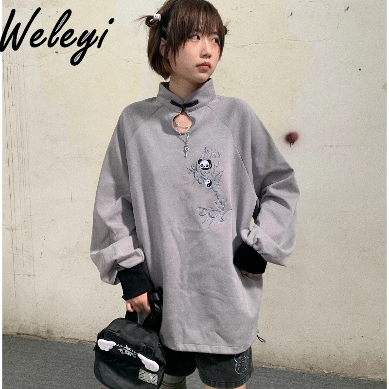 

Autumn Panda Button Hollow Hoodie 2024 Loose Chinese Style Subculture Original Long Sleeve Light Gray Stand Collar Sweatshirt