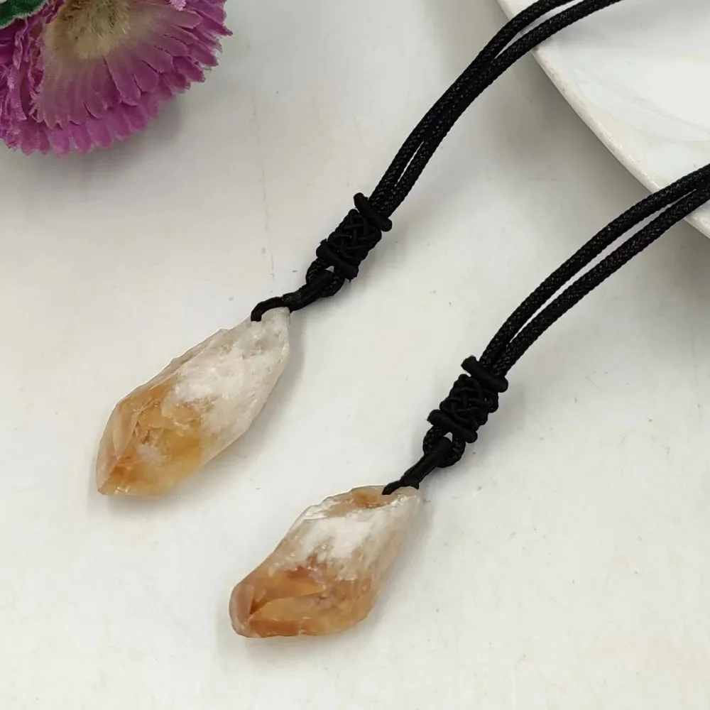 1pc Natural Citrine Point Raw Stone Pendant Yellow Quartz Crystal Reiki Healing Necklace Mineral Energy Rope Men Women Gift