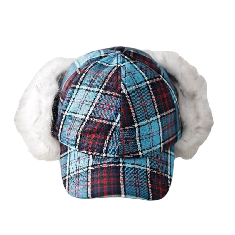 Gorro de Lei Feng a cuadros azul de estilo coreano para mujer, gorro de esquí y volador para otoño e invierno, gorra de béisbol versátil y cálida para ciclismo