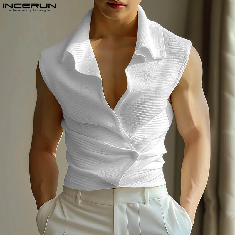 

INCERUN Tops Men 2025 Fashion Men's Irregular Shirt Button Striped Shirts Casual Solid Sleeveless Blouse Mne Clothing S-5XL