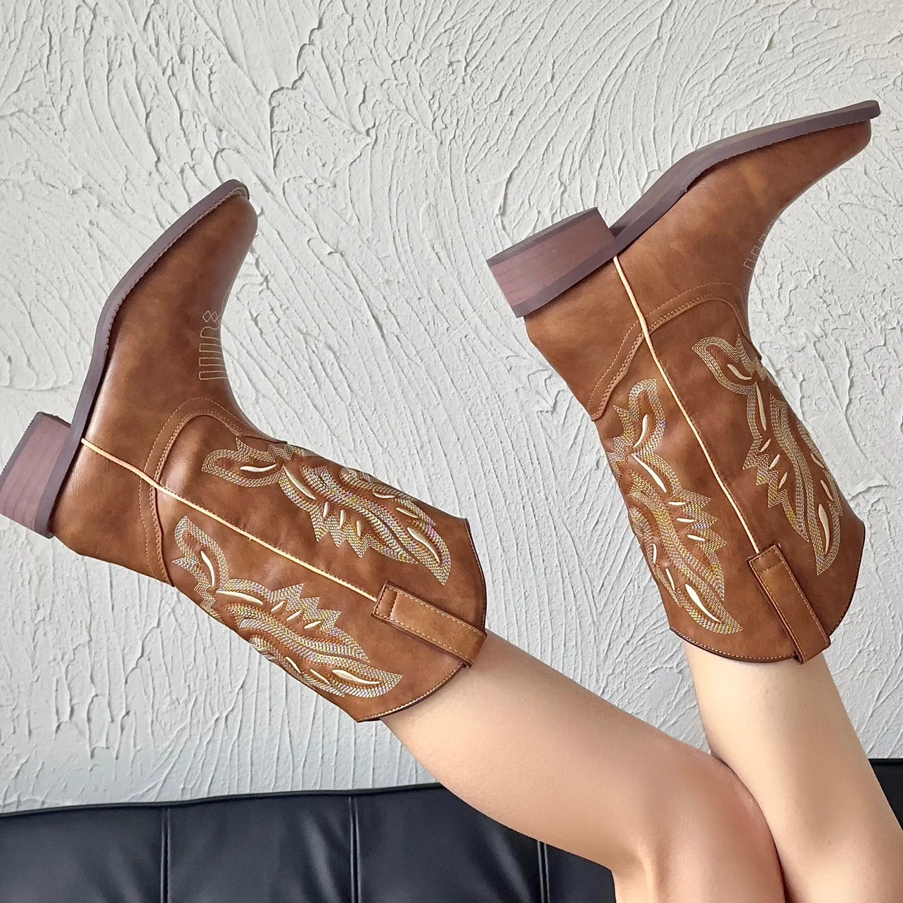 

Versatile Western Cowboy Boots 2024 Summer Chunky Heel Embroidered Sleeve Knight Boots Retro Mid Cap Square Toe Horse Boots