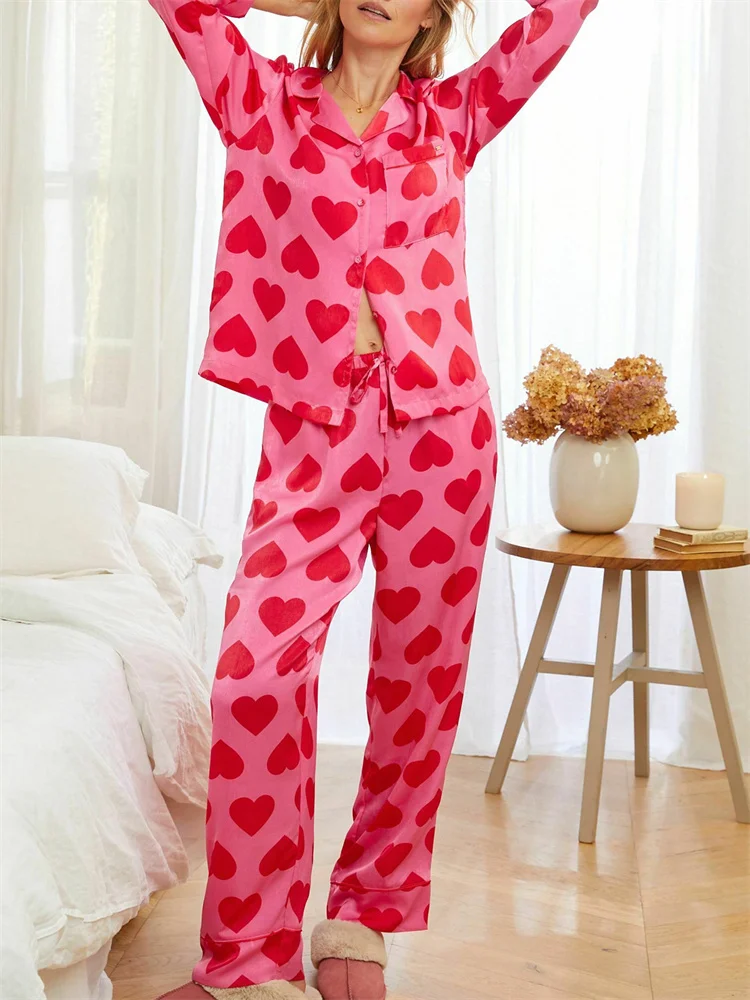 CHRONSTYLE Valentine’s Day Women 2 Pieces Pajama Set Casual Long Sleeve Heart Print Shirt Tops and Long Pants Outfits Loungewear