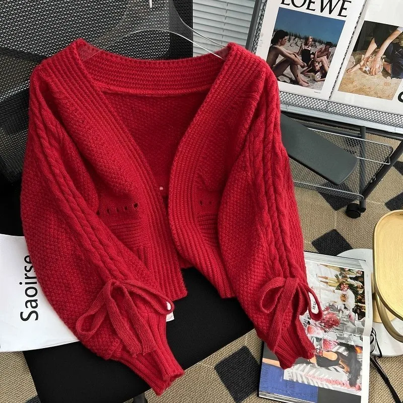 

Женский элитный короткий вязаный кардиган, осенне-зимний новый модный свободный свитер с v-образным вырезом и рукавами-фонариками, пальто, женские топы