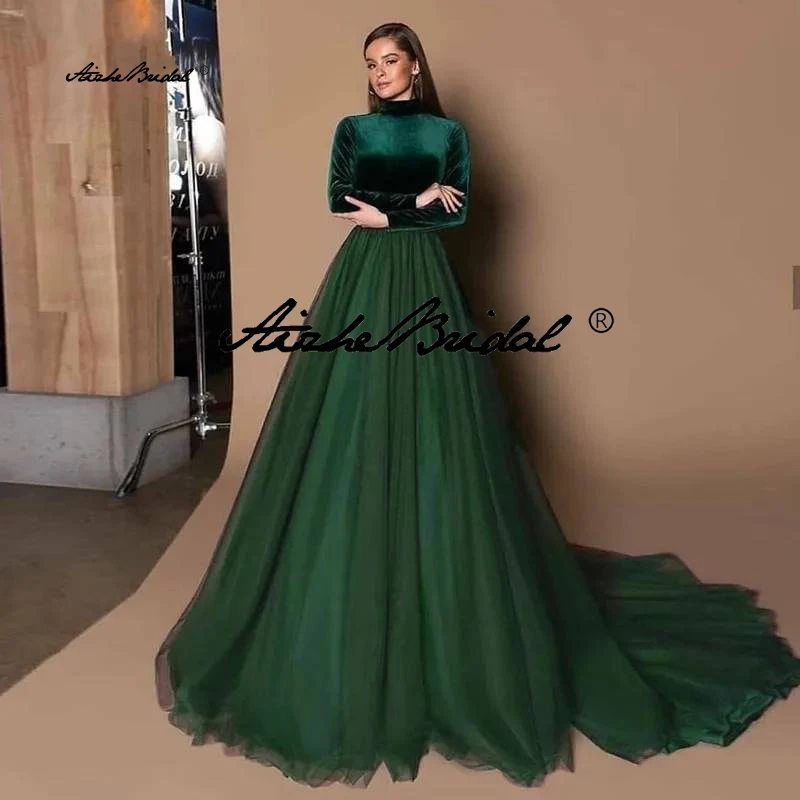 Vestido de noche verde esmeralda con falda de tul y Top de terciopelo, vestido de fiesta de boda árabe con cuello alto y corte en A
