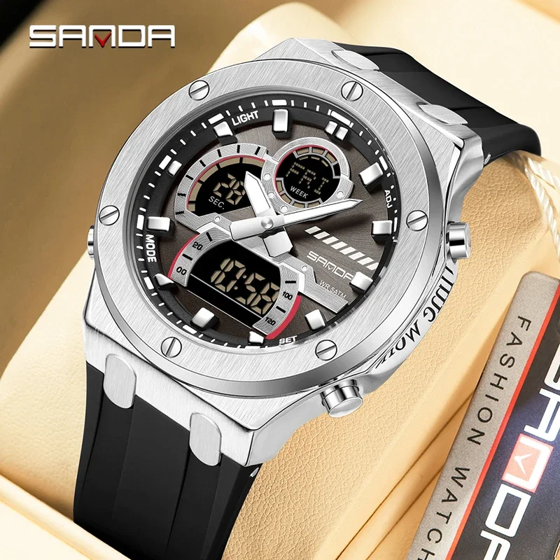 

SANDA Fashion Business Men's Watches Alloy Case Multifunctional Calendar Week Waterproof Stopwatch Double Display Student Watch