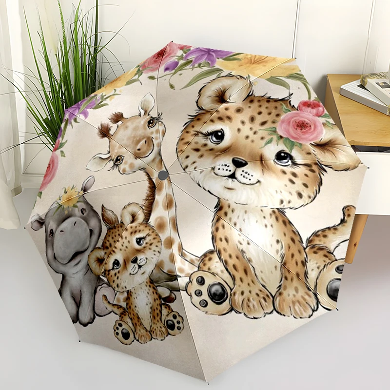 Cartoon Forest Animals Folding Umbrella Auto-Open Design 8 Iron Ribs Plastic Handle Foldable Sunshade Perfect Christmas Gifts