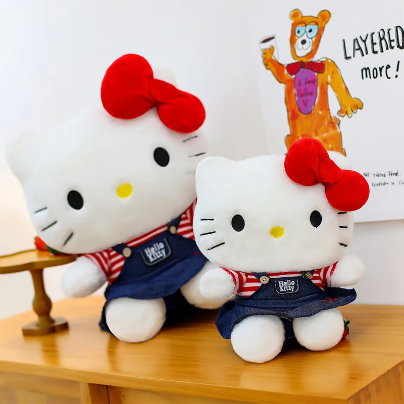 Kawaii Hello Kitty poupées en peluche dessin animé Cowboy jupe Sanrio peluche arc Kitty Animal sommeil oreiller cadeau pour enfants anniversaire noël