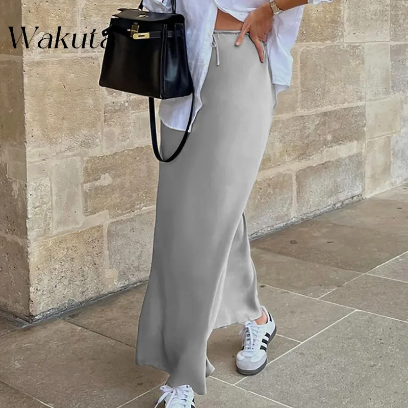 

WAKUTA 2024 Fall French High Waist Tie Commuter Maxi Y2K Skirt Temperament Slim Versatile Fishtail Long Vestido Elegante Mujer