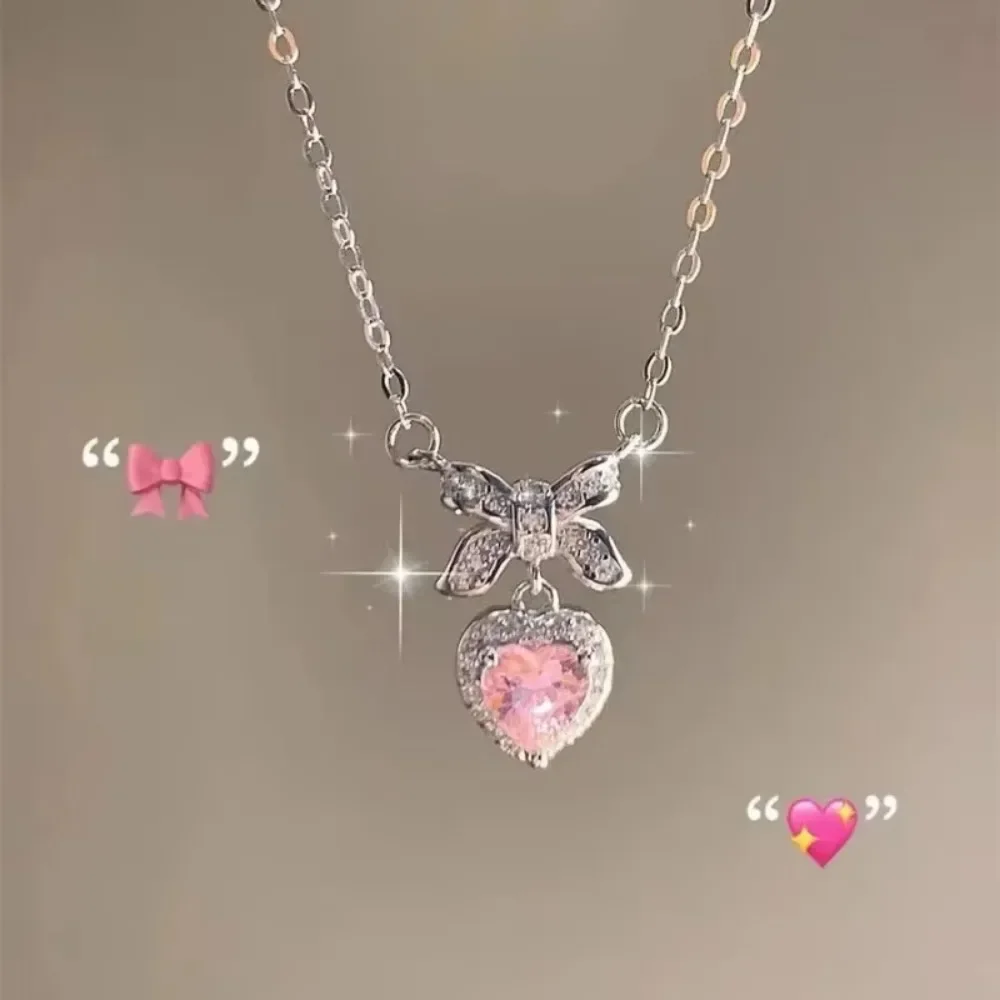 Korean Fashion Pink Crystal Heart Bow Tie Pendant Necklace Silver Color Chain Neck Necklace for Women Wedding Aesthetic Jewelry