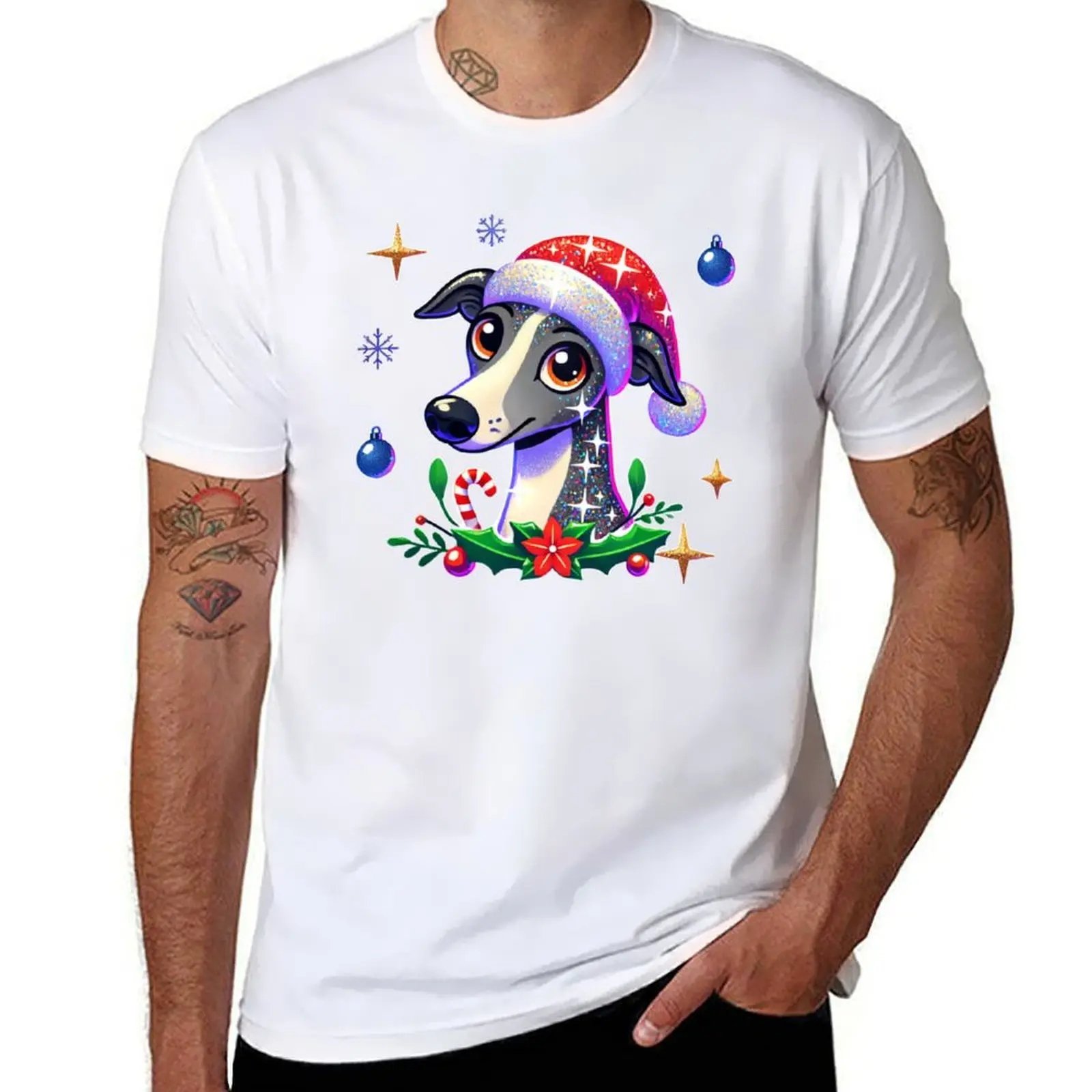 

Festive Glitter Greyhound with Santa Hat and Christmas Decorations T-Shirt man graphic t shirt T-Shirt