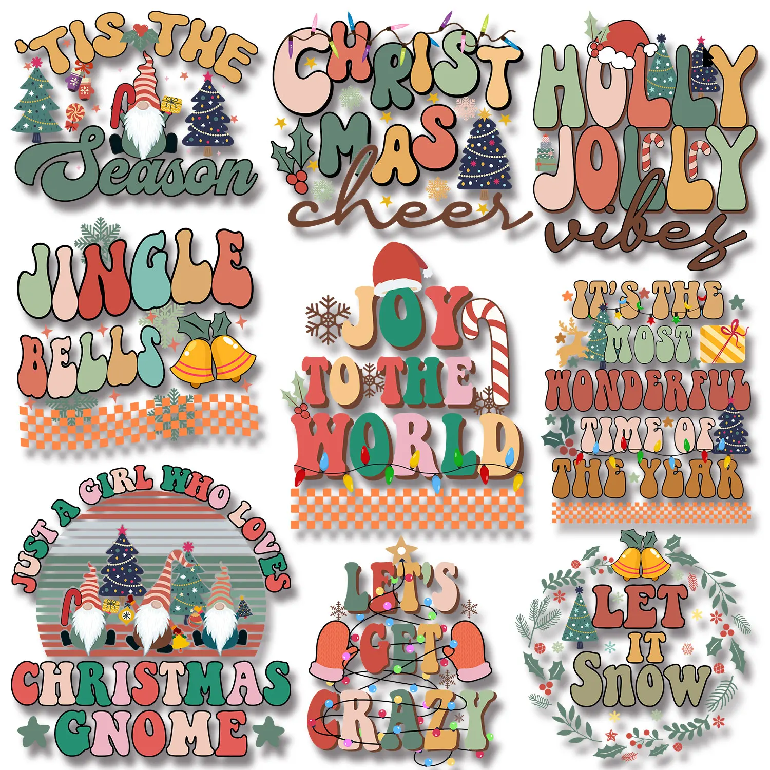 Christmas Cheer Holly Jolly Vibes Jingle Bells Iron on Decals Applique for Cloth Firm and Fadeless  Stickers DIY Decoration