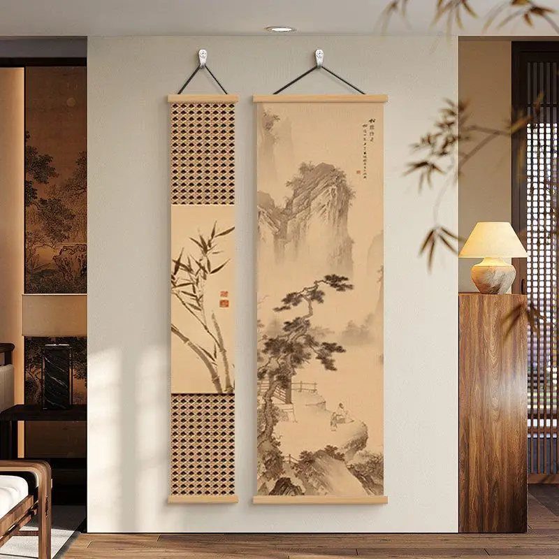 Home Decor Items - Japandi Style Natural Linen Aesthetic Vintage Rock Garden Wall Hanging Artwork for Japanese Inn Tatami Room