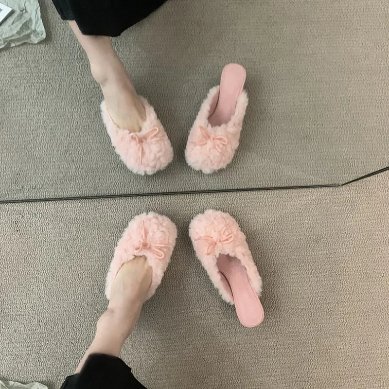 2024 Slippers Casual Shoes Woman Pink Slides Shallow Butterfly-Knot Med Cover Toe Fur Flip Flops Pantofle Luxury Plush New Butte