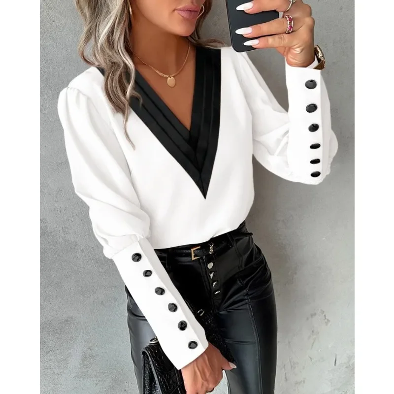 Women's S-2XL size Shirt Fashion V-neck Solid Color Long Sleeved Button Shirt Casual Commuter Elegant Women's Shirt