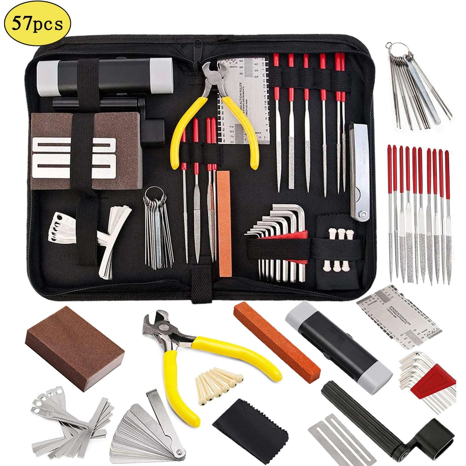 74pcs Guitar Tool Kit with Carry Bag Repair Tools String Action Ruler Luthier File Guitar Bridge Pins for Guitar Ukulele