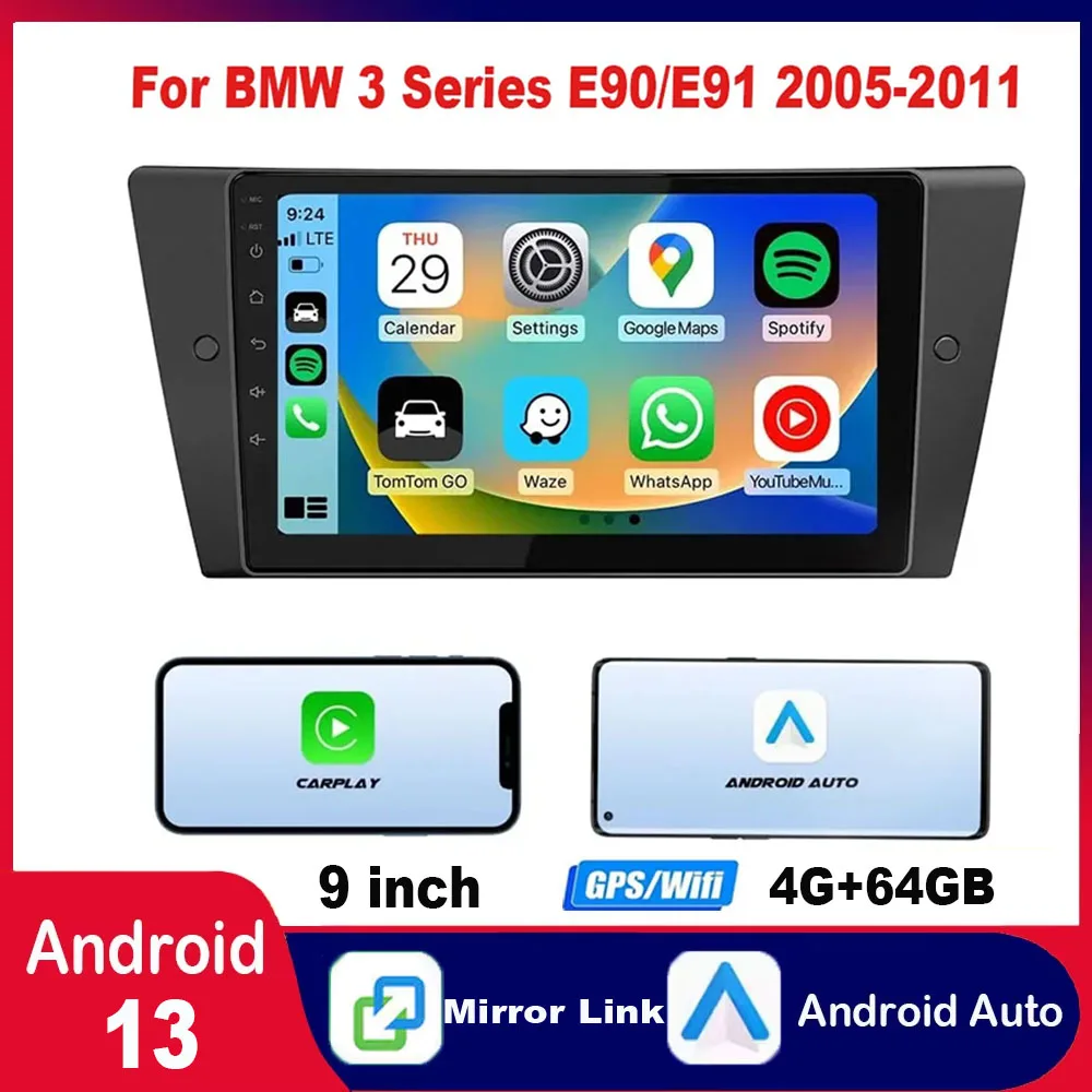 Navigazione per auto Android 13 Android Auto/4+64G da 9 pollici adatta per CarPlay+Per BMW Serie 3 E90/E91 del 2005-2011 (versione Quancomm 8-core/4G)