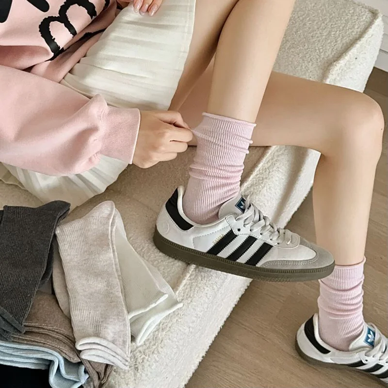 Rüschen Rüschen Socken lose weiße Socken Baumwolle stricken einfarbig lange schwarz rosa Studenten Mädchen Socken Chausse ttes Femmes Meias