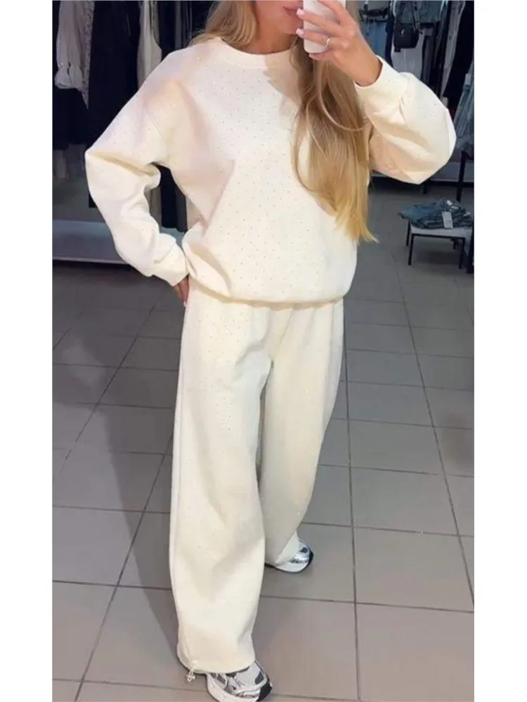 Fall Winter Rhinestone Shiny Loose Fit Set Women O Neck Sweatshirt Pullover Tie-up Pants Tracksuit Retro Loose Sport 2 Pice Set
