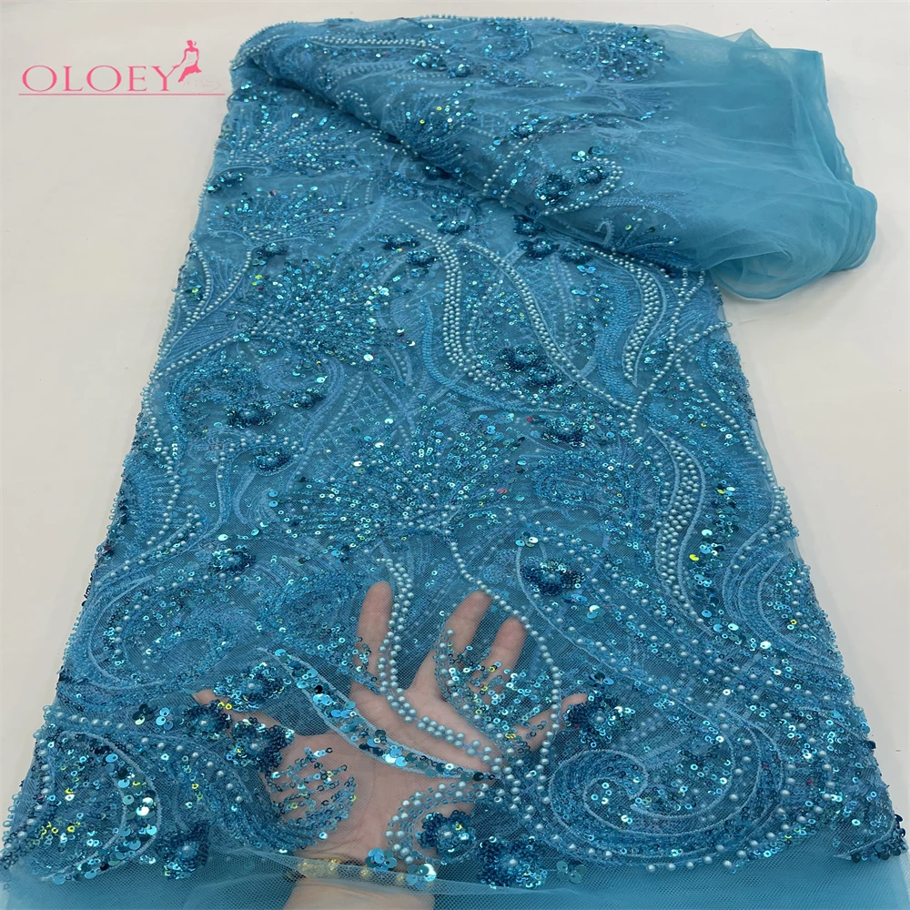 

Latest Hot Sale Fashion Africa Lace Fabric High Quality Handmade Embroidery Lace With Beads Sequins Party For Wedding Dress