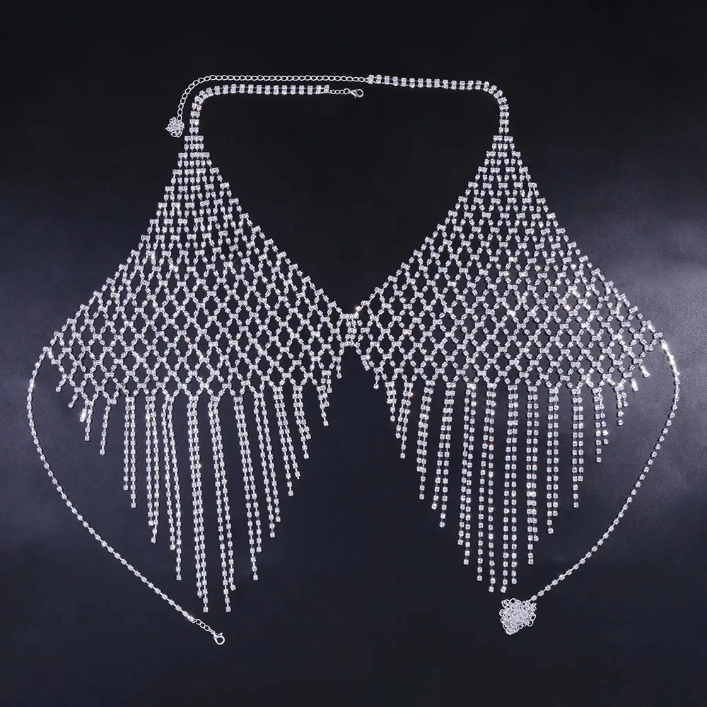 XSBODY Mesh Tassels Chest Chain Jewellery Necklace Sexy​ ​Lingerie Women Body Luxury Crystal Festival Outfit Bikinis Bras 2023