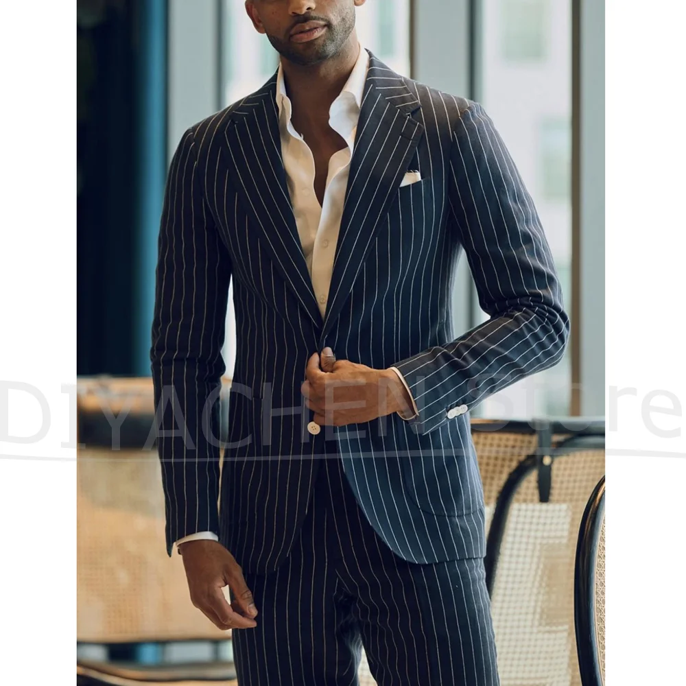 

Men's Pinstripe Suit Set Two Piece Formal Business Stylish Slim Fit Male Clothing Wedding Party Tailored Gentleman Outfits