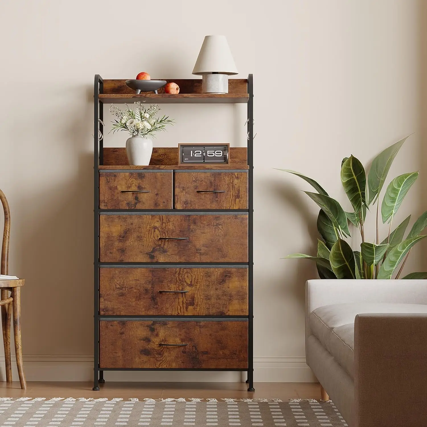 Kleiderschrank mit 5 Schubladen, Regalen und Haken, robuster, wasserdichter Aufbewahrungsschrank, verstärkter sicherer Rahmen, für Schlafzimmer, Wohnzimmer