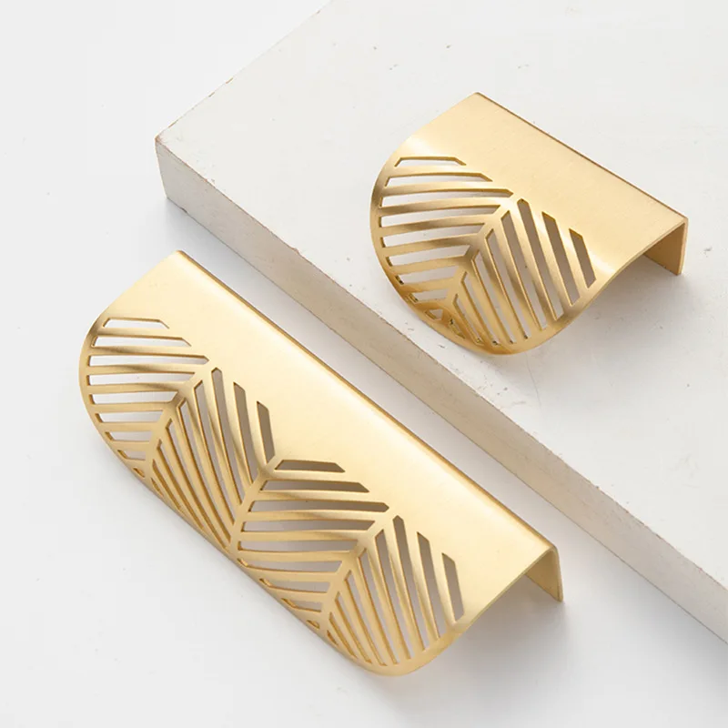 Modern Simple Concealed Handle Brass Leaf Invisible Pulls Wardrobe Cupboard Wine Cabinet Furniture Drawer Golden Knobs Hardware