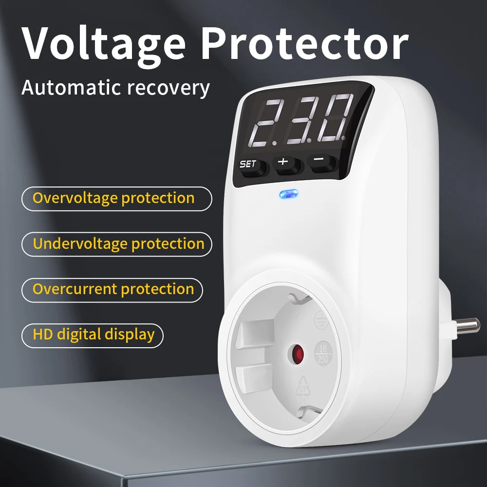 Automatic Voltage Protector Switch 16A 230V Adjustable Power Surge Protection EU Socket Type Volt Safe For Home Appliances