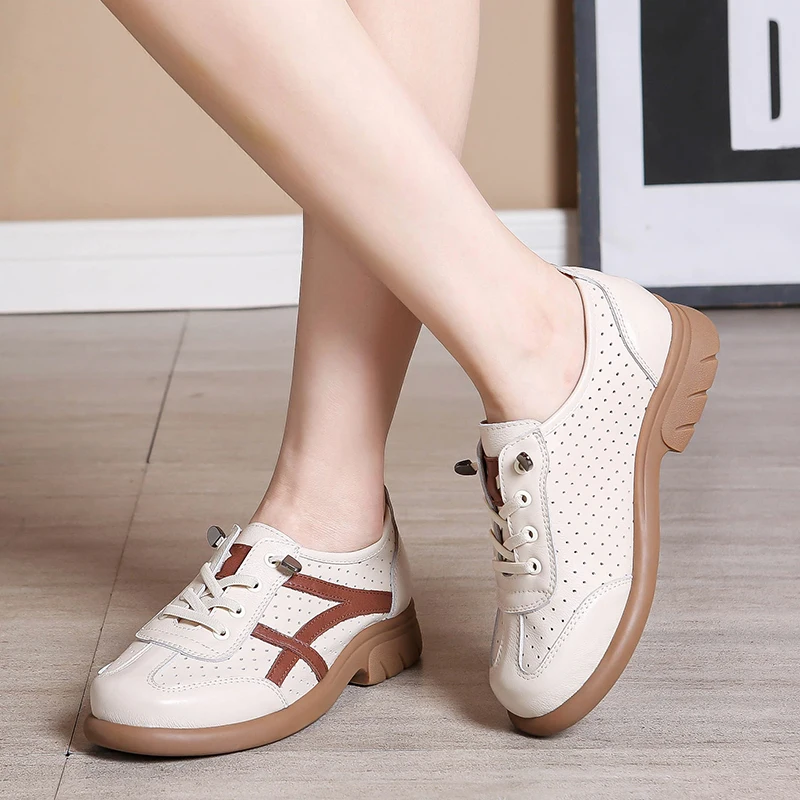 Spring British Small Leather Shoes women's Soft Leather Lace-up Single Sports Wind Hollow Breathable Casual Shoes Flat Large Siz