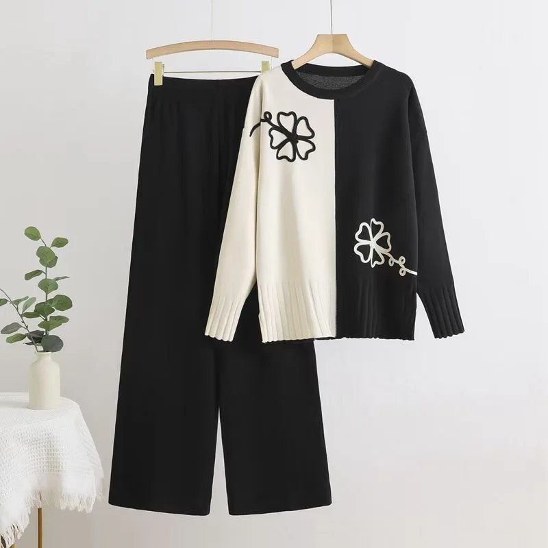 

Winter Knitted Two Pieces Suits Women Half High Collar Pullover+Wide Leg Long Pants Color Block Sweater Loose 2pcs Set