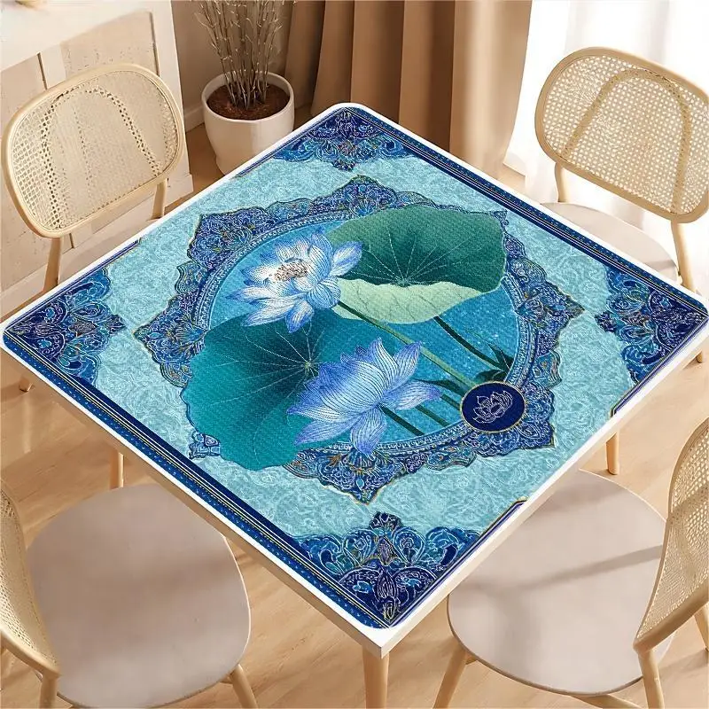 VIKAMA Vintage Oriental Lotus Crystal Velvet Mahjong Pad Silent Non-Slip Poker Dining Protector Home Decor