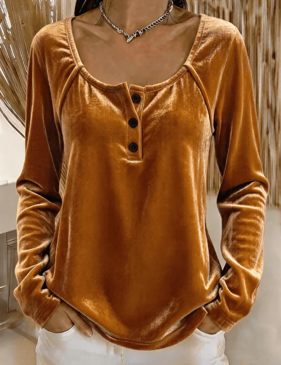 Damen-Top aus Samt mit langen Ärmeln und Henley-Ausschnitt in Übergröße, elastische, einfarbige, lässige Bluse mit Rundhalsausschnitt für Damen – Detail 8
