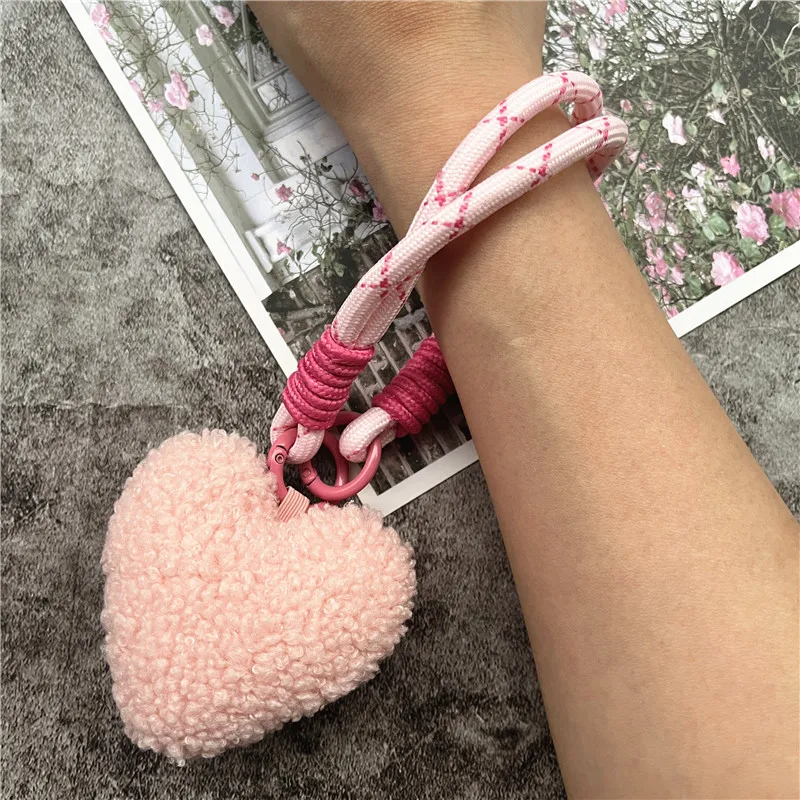 Keychain for Phone Lanyard Plush Wrist Strap Colorful Hearts Keychain Lanyard Bag Decorate Keyring Pendant Premium Key Cord