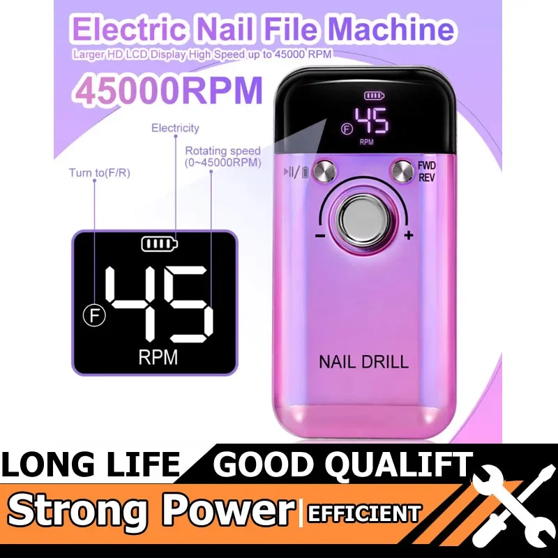 45000RPM充電式電動ネイルドリルツールマシン、ジェルネイルポリッシュ用プロフェッショナルネイルドリル、ポータブルネイルファイル、マニキュア