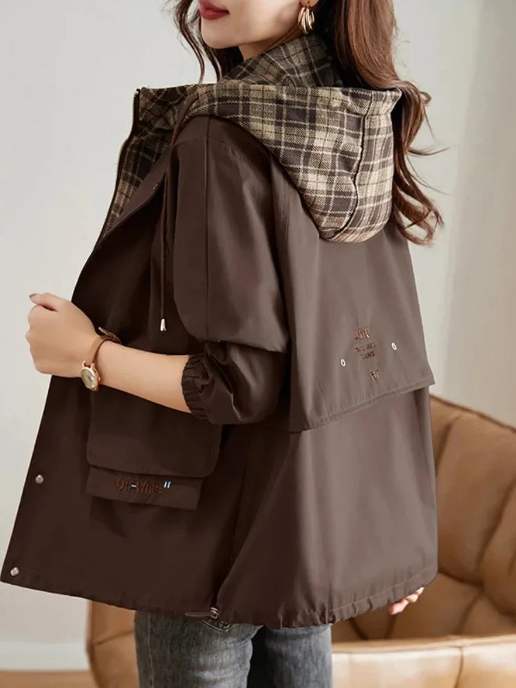 2025 New Korean Fashion Short Hooded Windbreaker Female Long-Sleeved Loose Casual Outwear Coats Women Autumn Trench Coat Woman