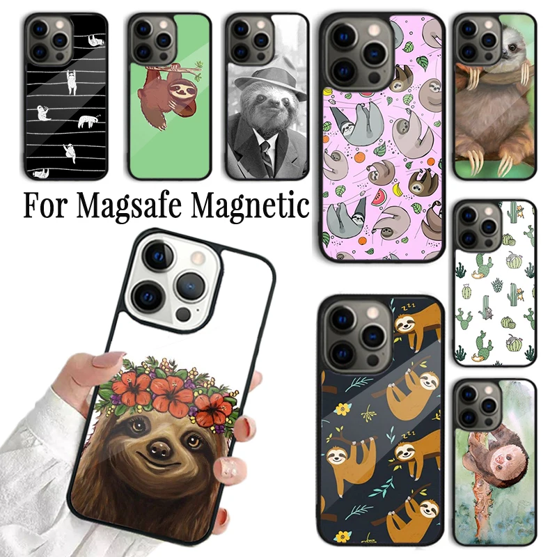 Coque Phone Case For iPhone 16 15 14 13 12 Mini 11 Pro Max Plus Magsafe Magnetic Wireless Charging Cover Cute Sloth Animal