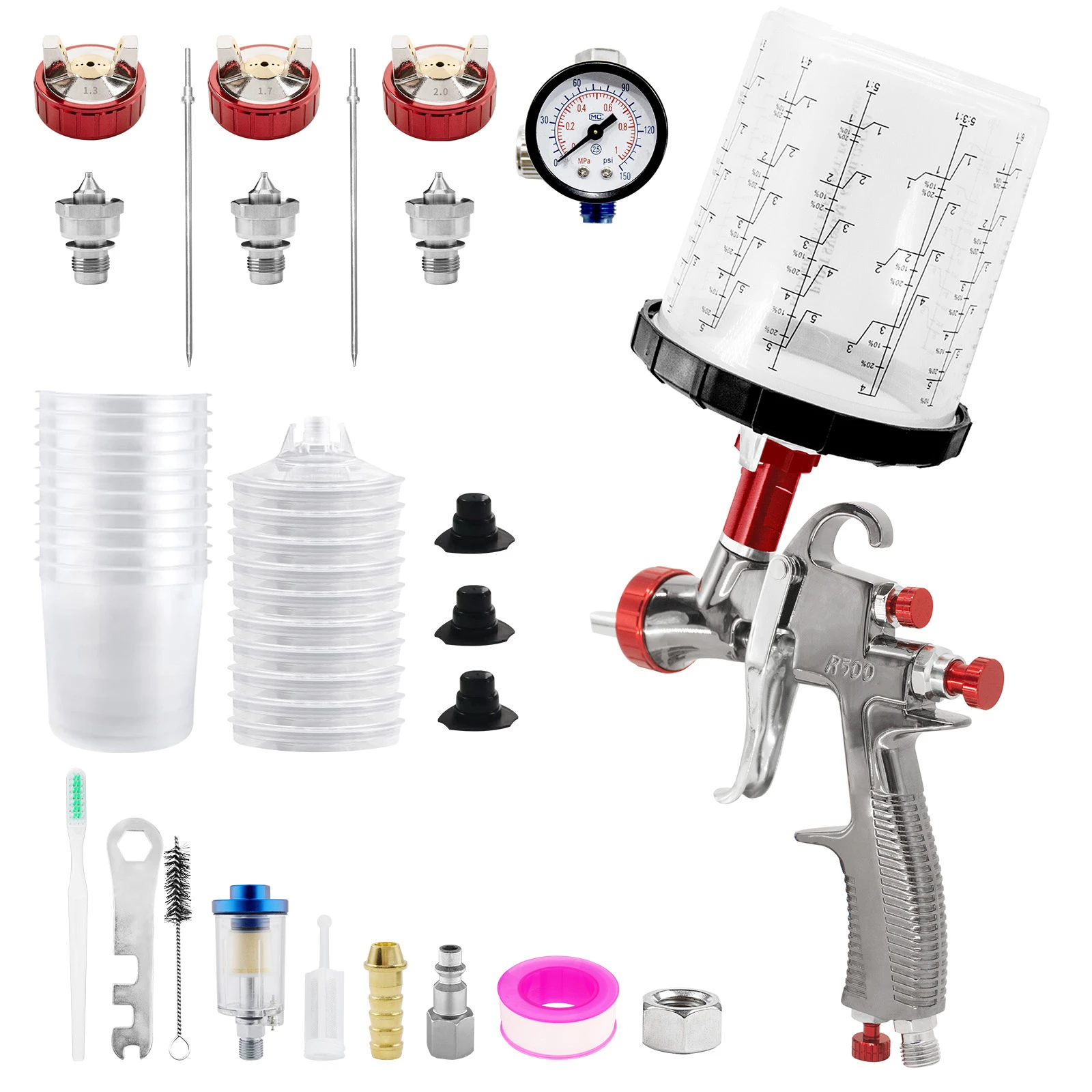 

R500 LVLP Spray Gun with Adapter and Mix Tank Car Repair Paint Spray Guns 1.3/1.7/2.0mm Nozzle for Painting Water Air Spray Gun