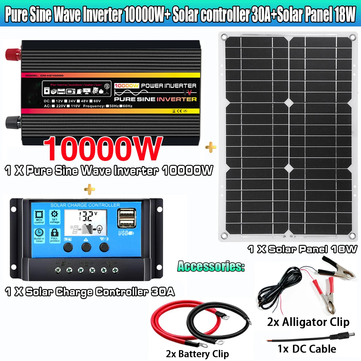 12000W 10000W Peaks Solar Panel with The Inverter DC 12V To 220V 110V Solar System Power Travel Van Camper with 30A Controller