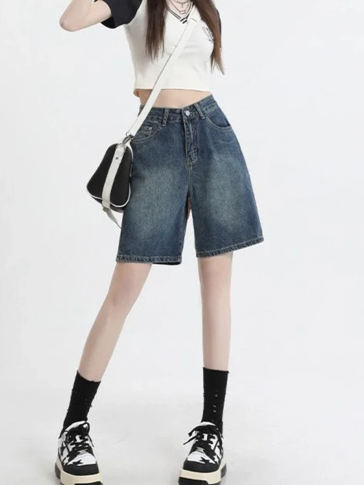 

Шорты женские, новая мода, летние джинсовые прямые Harajuku, ретро карманы, дизайн, женская уличная одежда, повседневная винтажная базовая одежда с высокой талией