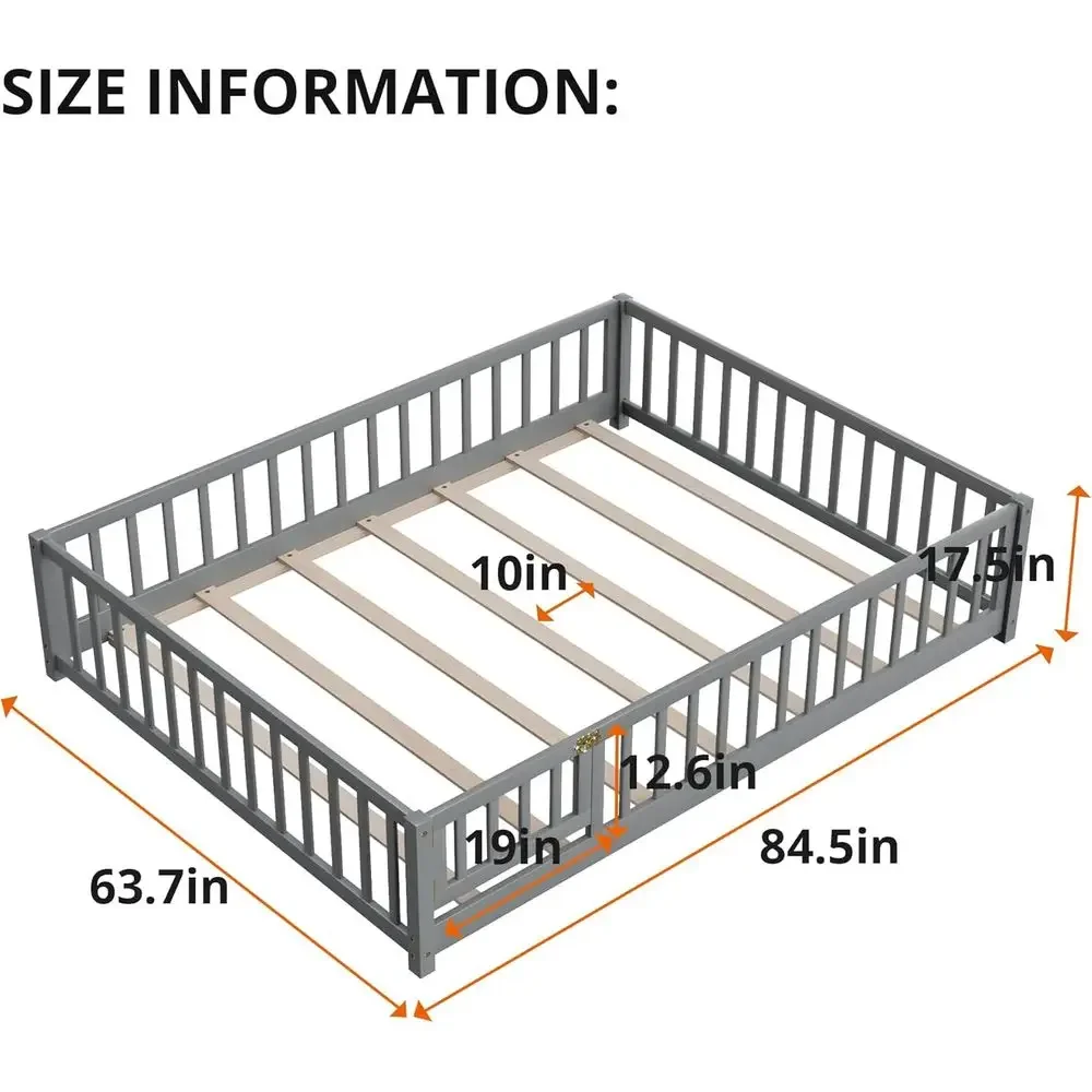Montessori Kids Floor Bed, Durable Wooden Frame with Slats, Fencing, and Door, Gray, Suitable for Boys & Girls