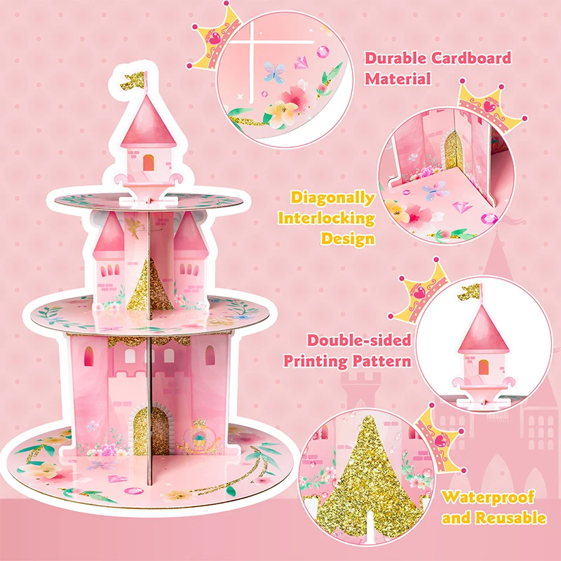 3 Layers Watercolor Princess Cupcake Stand Cardboard Castle Shape Cake Stand for  Baby Anniversary Birthday Tea Party Supplies