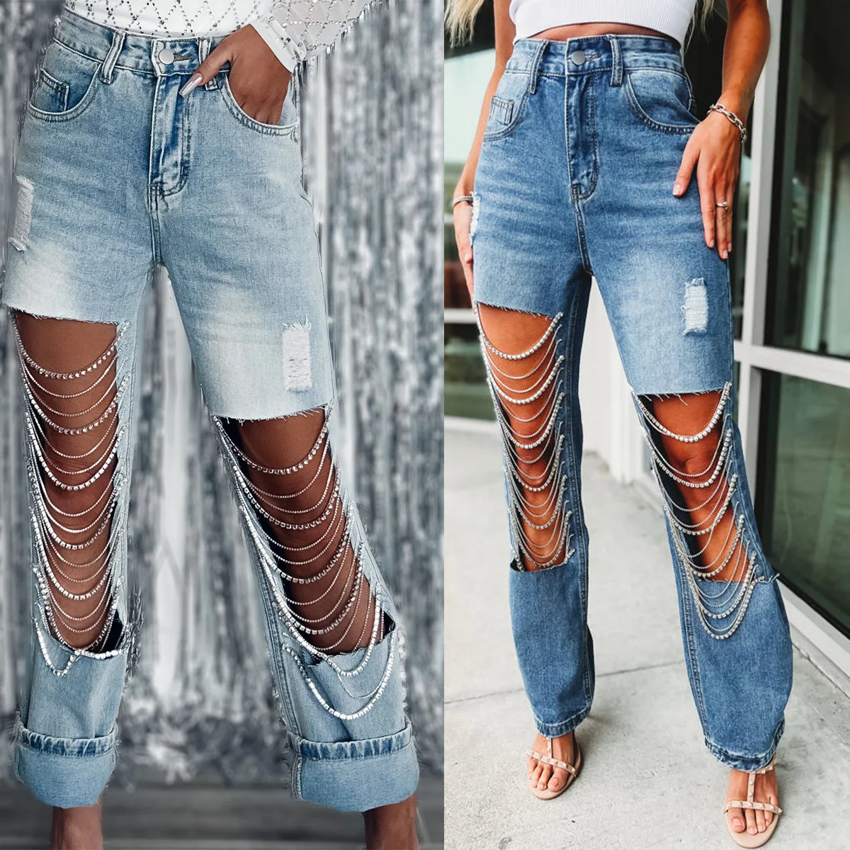 

Women Ripped Jeans Chain Ornaments Straight Leg Pants Denim Sexy Holes Summer Full Length Pants